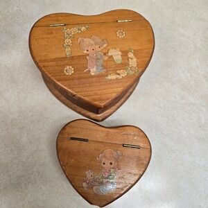 Vintage Precious Moments Wooden Heart Nesting Boxes Cottagecore Trinket Set